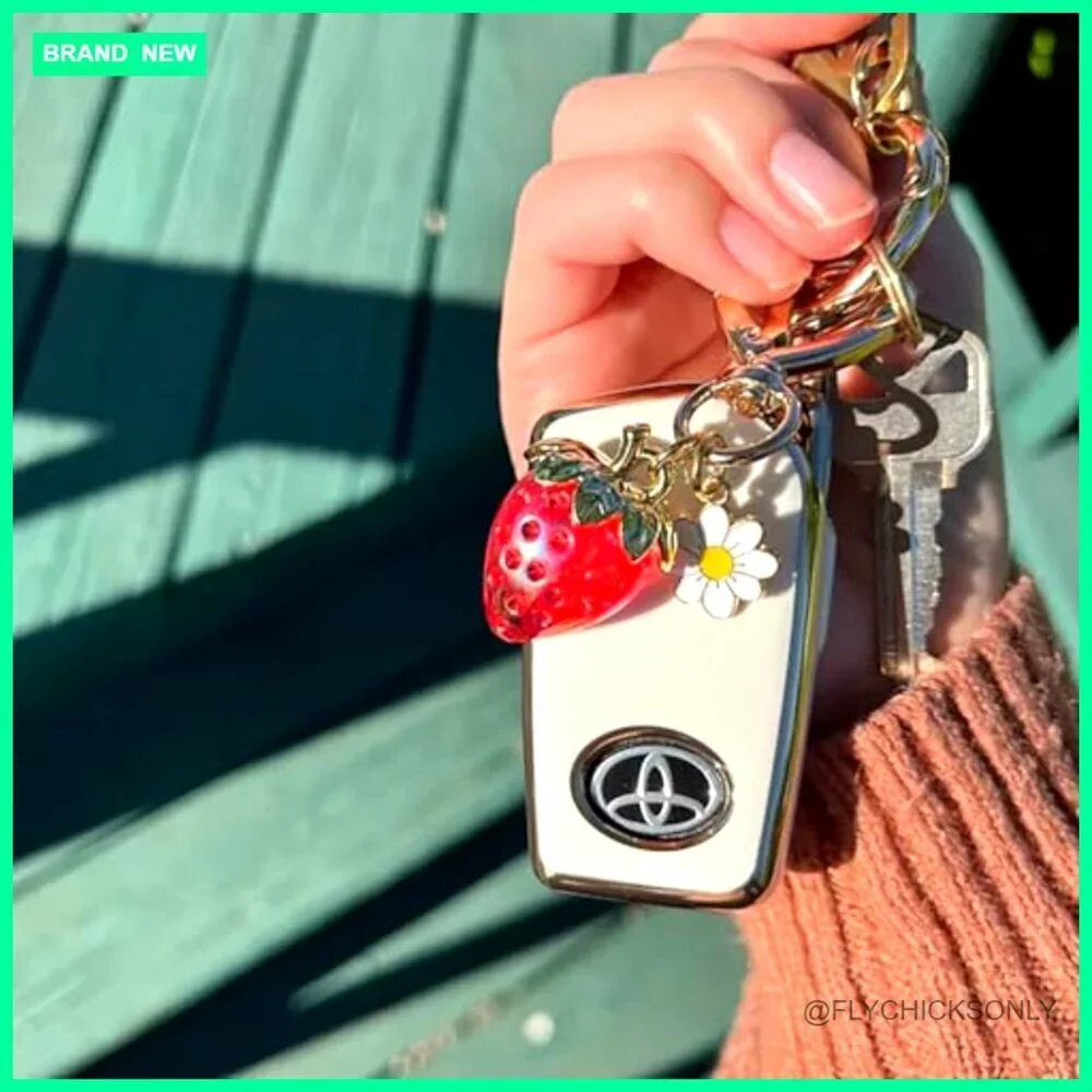 Steel Strawberry Bag Charm Keychain with Glitter Cherries for Purse